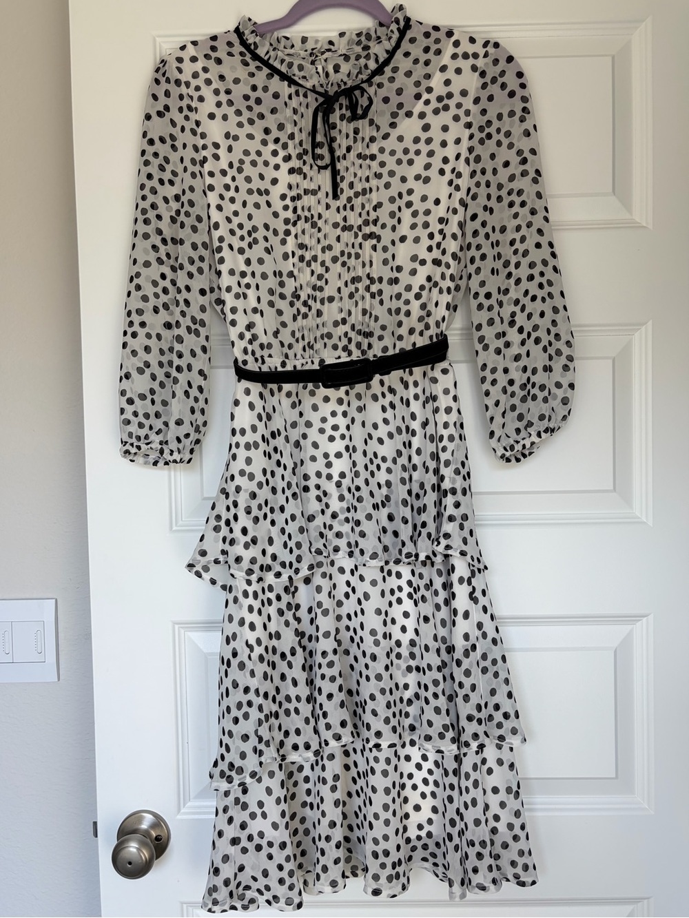 Eva Mendes Women's Polka Dot Tiered Midi Dress - Black and White Size 4